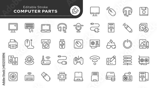 Computer parts - series. Monitor, laptop, mouse, keyboard, system unit, motherboard, CD player and other components. Set of line icons in linear style. Outline icon collection. Conceptual pictogram