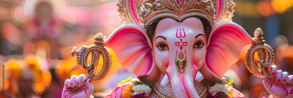 Fototapeta premium Vibrant ganesh chaturthi processions with adorned idols and traditional attire in colorful display