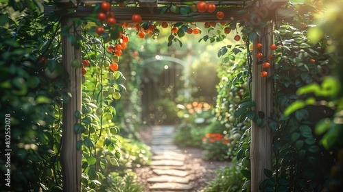 A wooden trellis in the garden, covered with climbing plants and tomatoes hanging on it. The background is a stone path leading to an open gate of greenery. Sunlight shines through leaves,  photo