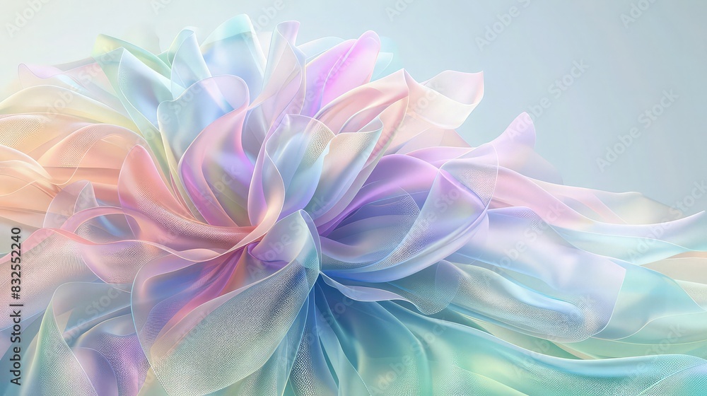Fototapeta premium Rippling waves of ethereal iridescent fabric create a soft flowing effect suitable for a premium brand advertisement or digital backdrop.