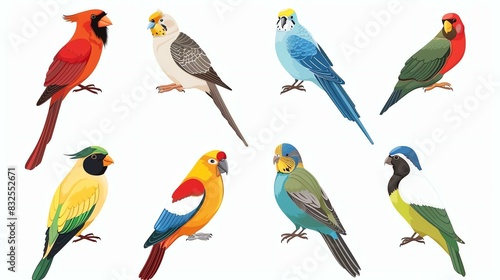 A set of eight colorful bird illustrations. The birds are all different species, including a cardinal, a parakeet, a parrot, and a finch. © Creative