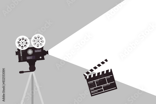 Silhouette of a vintage movie projector on a tripod. Movie Background. Film festival template for banner, flyer, poster or tickets. Old movie projector with space for text. Movie time concept. photo