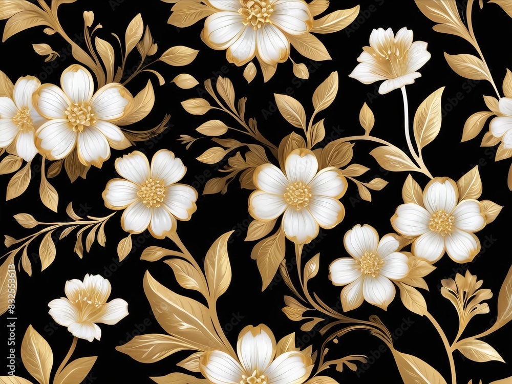 White and gold abstract flowers on black background, elegant floral design, artistic composition