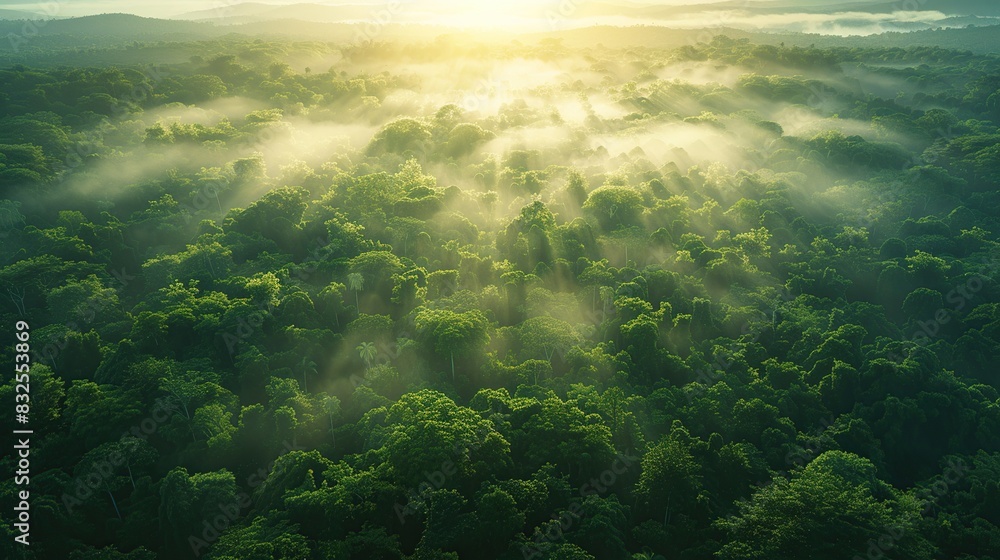 Aerial view of the lush green wilderness full of large trees is beautiful at sunset. The surface of the forest is shrouded in mist with warm sunlight. Aerial view of the lush green wilderness full of large trees is beautiful at sunset. The surface of the forest is shrouded in mist with warm sunlight.