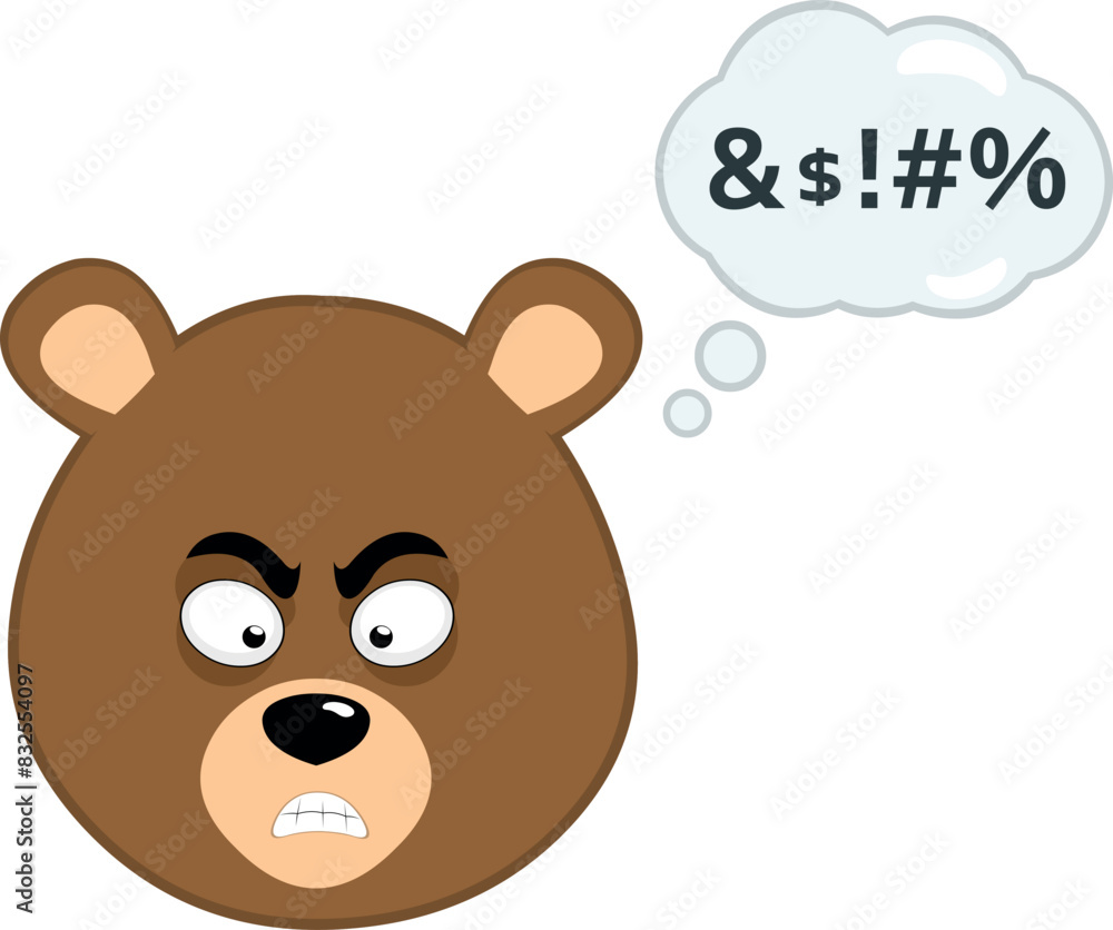 Fototapeta premium vector illustration face brown bear grizzly cartoon, angry expression with a cloud thought and an insult text