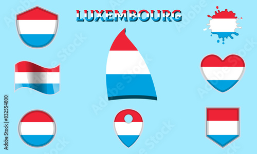 Collection of flat national flags of Luxembourg with map