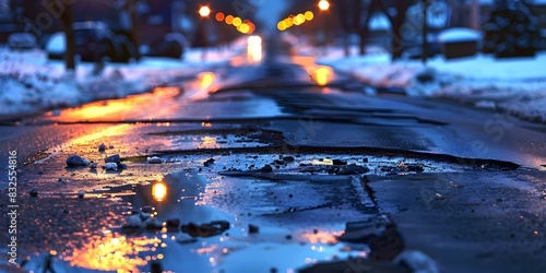 Neglected Urban Road with Potholes Poses Risks to Vehicles and Pedestrians. Concept Urban Infrastructure, Road Safety, Neglect, Potholes, Pedestrians photo