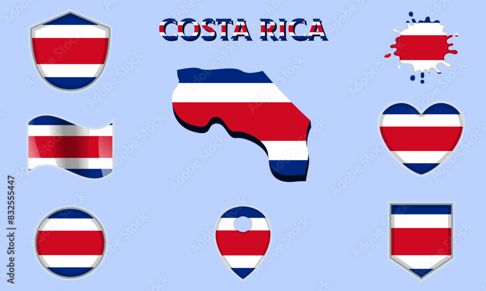 Collection of flat national flags of Costa Rica with map