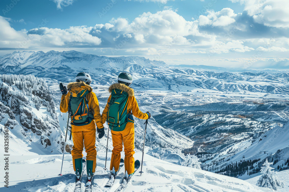 A pair of skiers on a mountain pass enjoying the panorama. A pair of skiers on a mountain pass enjoying the panorama.
