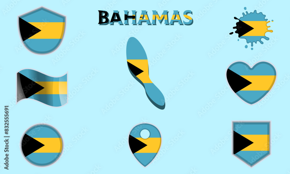 Collection of flat national flags of Bahamas with map Collection of flat national flags of Bahamas with map