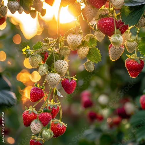Close up of ripe strawberry in lush organic strawberry field, agriculture eco farm photo