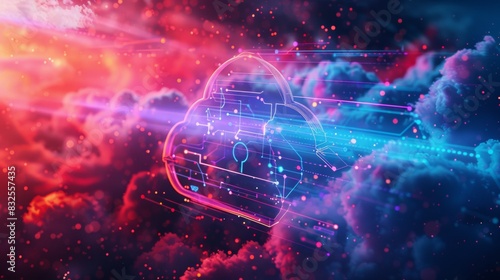 3D rendering of a data cloud with a glowing neon padlock icon on top,
