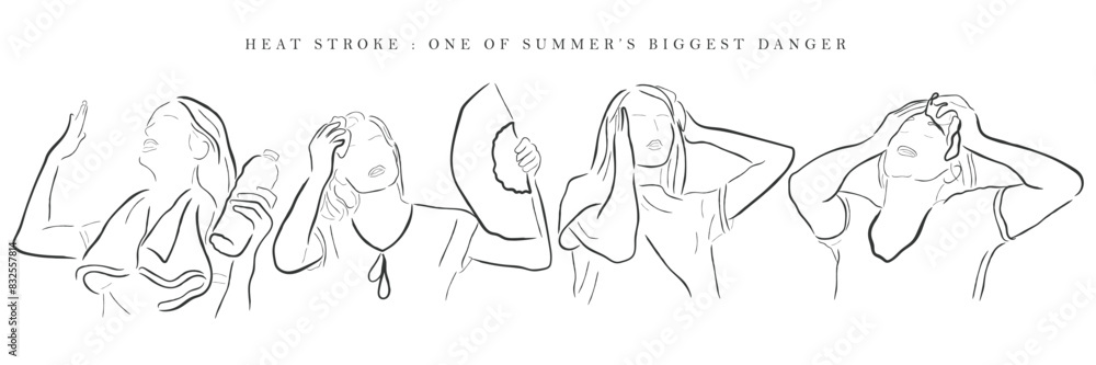 hand drawn line art vector of heat stroke. Risk factors and precautionary measures against it. hand drawn line art vector of heat stroke. Risk factors and precautionary measures against it.
