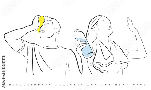 hand drawn line art vector of heat stroke. Risk factors and precautionary measures against it.