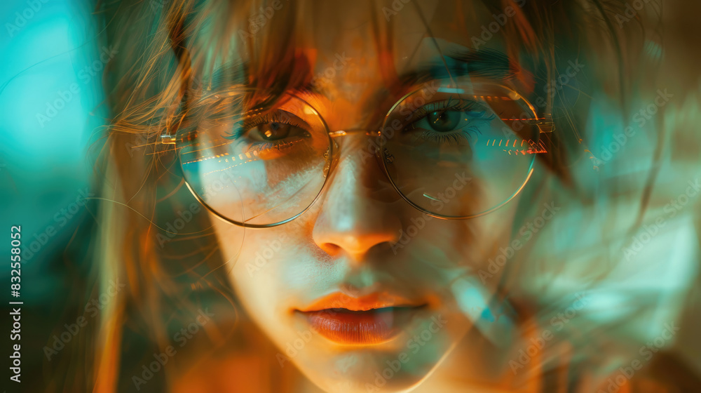 Closeup portrait of a stylish young woman wearing glasses in artistic lighting Closeup portrait of a stylish young woman wearing glasses in artistic lighting