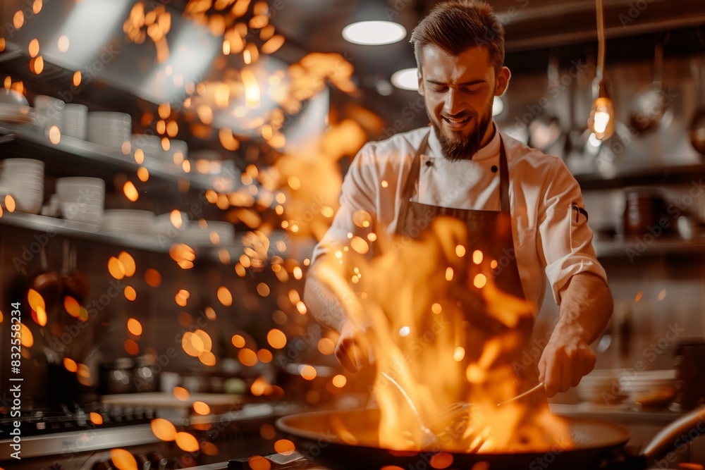 Fototapeta premium chef in professional kitchen tossing ingredients in a large flaming pan, sparks and fire leaping up