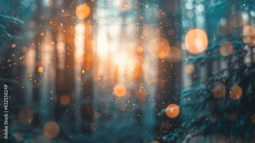 Forest with bokeh lights and the setting sun  creating a mystical atmosphere