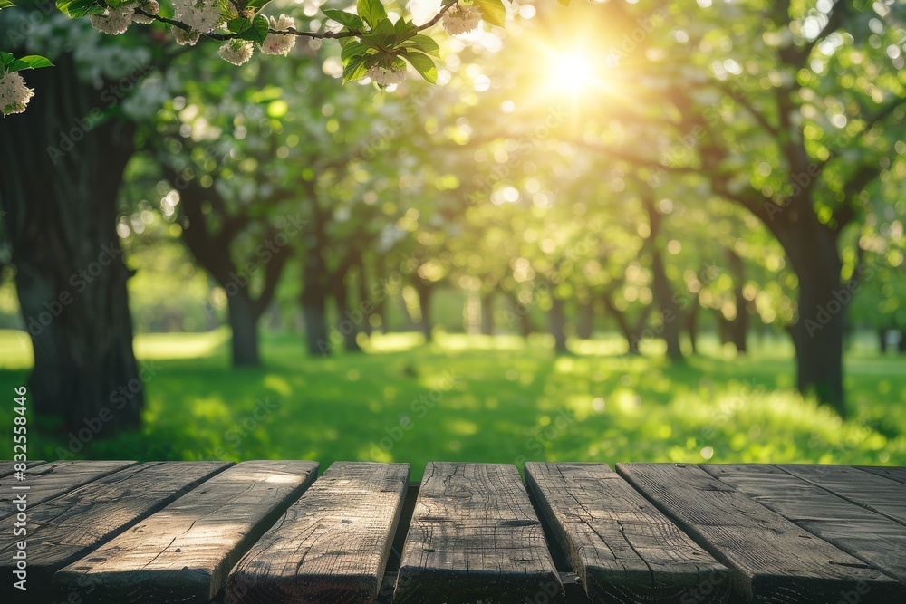 Spring summer beautiful nature background with blurred park trees in sunlight and empty wooden table, blurred background, product display, advertising Spring summer beautiful nature background with blurred park trees in sunlight and empty wooden table, blurred background, product display, advertising