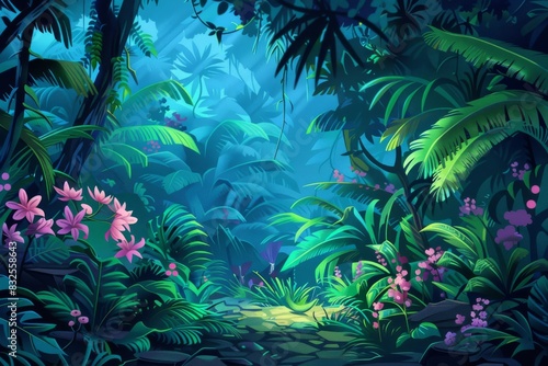 a vibrant jungle scene with diverse flora and fauna