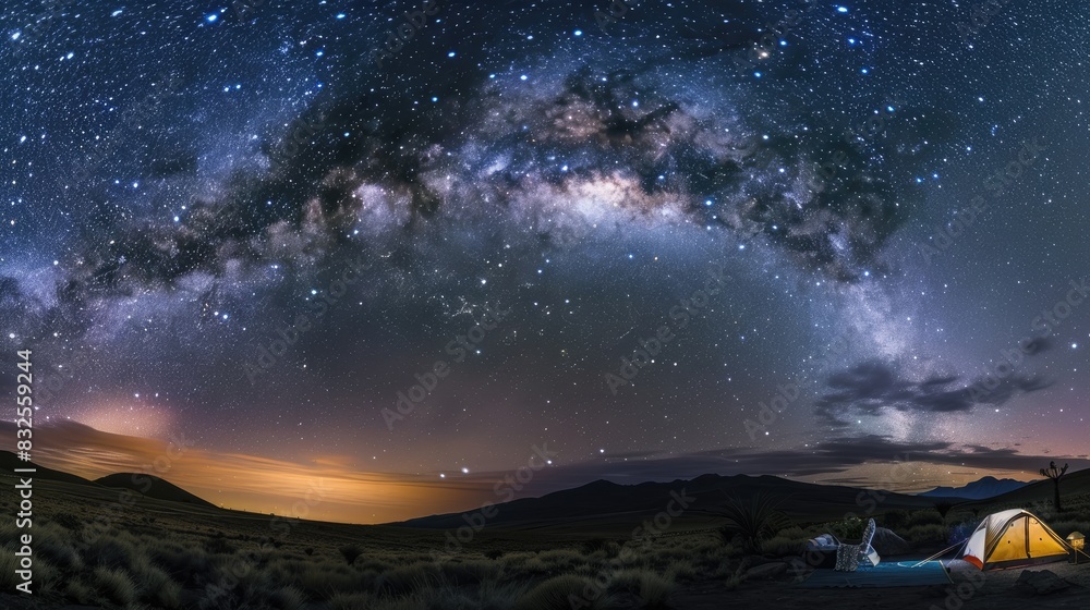 A serene campsite under a starry sky, with a clear view of the Milky Way and sparkling stars above A serene campsite under a starry sky, with a clear view of the Milky Way and sparkling stars above