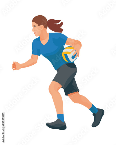 Figure of a professional girl volleyballer in profile in a blue T-shirt running with a ball in one hand