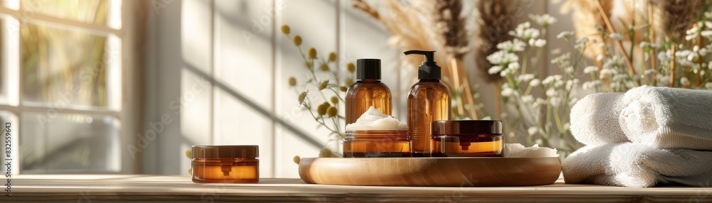 A wooden tray with a variety of beauty products and a few white towels A wooden tray with a variety of beauty products and a few white towels