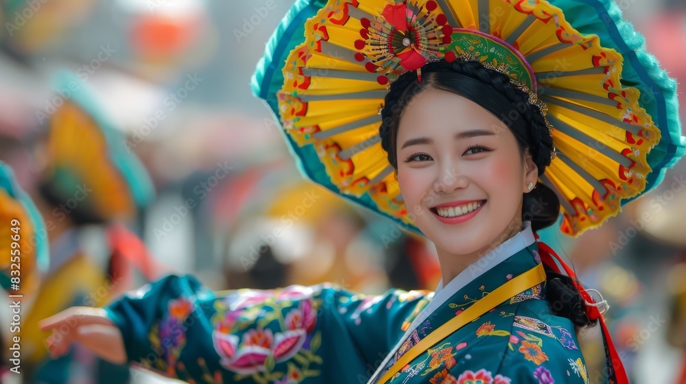 A woman wearing a colorful hat and a blue dress is smiling A woman wearing a colorful hat and a blue dress is smiling