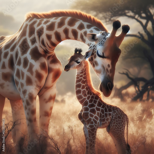 close up of giraffe with baby against sunset background. Gorgeous touching moment mother giraffe takes care of her little cub close up. giraffe in the wild. giraffe. giraffe with baby. Momma And Baby photo