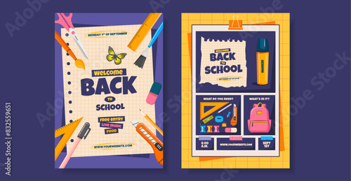 Welcome back to school covers and posters with school stationery elements. Modern trendy cartoon covers. Retro school educational templates for advertising.