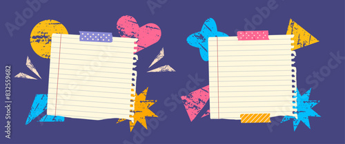 Trendy torn paper scraps with different grunge shape stickers of star, circle, rectangle. Vintage ripped paper notes in flat cartoon style.