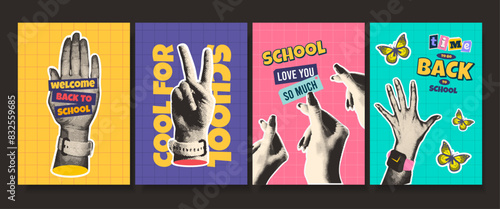 Posters and covers of back to school theme. Collage halftone hands with different gestures. Trendy school, college, university and educational template collection.