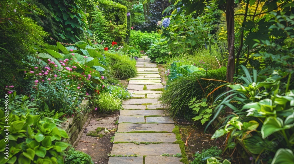 Naklejka premium A serene garden path lined with brown stone tiles and surrounded by lush green foliage and flowering plants