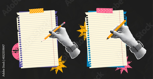 Notebook paper scraps with collage halftone hands holding pencil and pen. Sticky tape and different grunge shapes. Welcome back to school elements for posters.