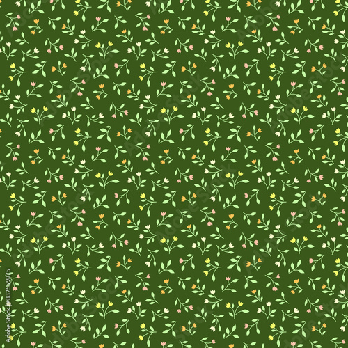 Simple modest romantic small floral pattern Tiny colorful tulips lying flat on a dark green background Rustical, country style