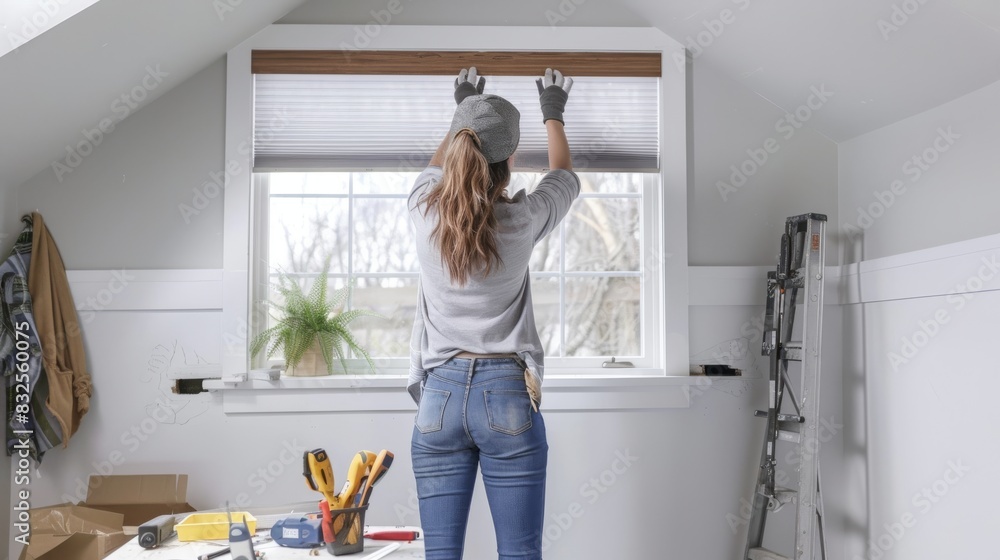 Woman in casual clothing installing blinds in a bright, modern room, standing on tiptoes reaching up to a window Woman in casual clothing installing blinds in a bright, modern room, standing on tiptoes reaching up to a window