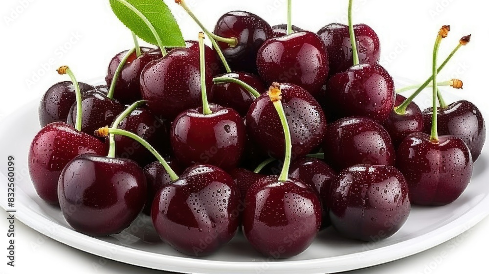 Fresh cherries with water droplets on a white plate, on a white background Fresh cherries with water droplets on a white plate, on a white background