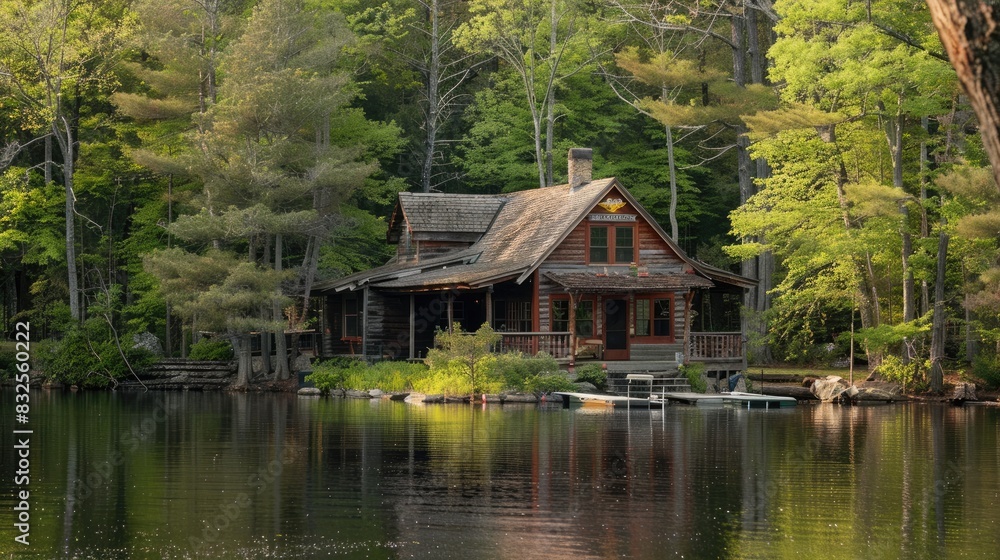 A serene lakeside cabin with earth-tone exterior, surrounded by trees in shades of green and brown A serene lakeside cabin with earth-tone exterior, surrounded by trees in shades of green and brown