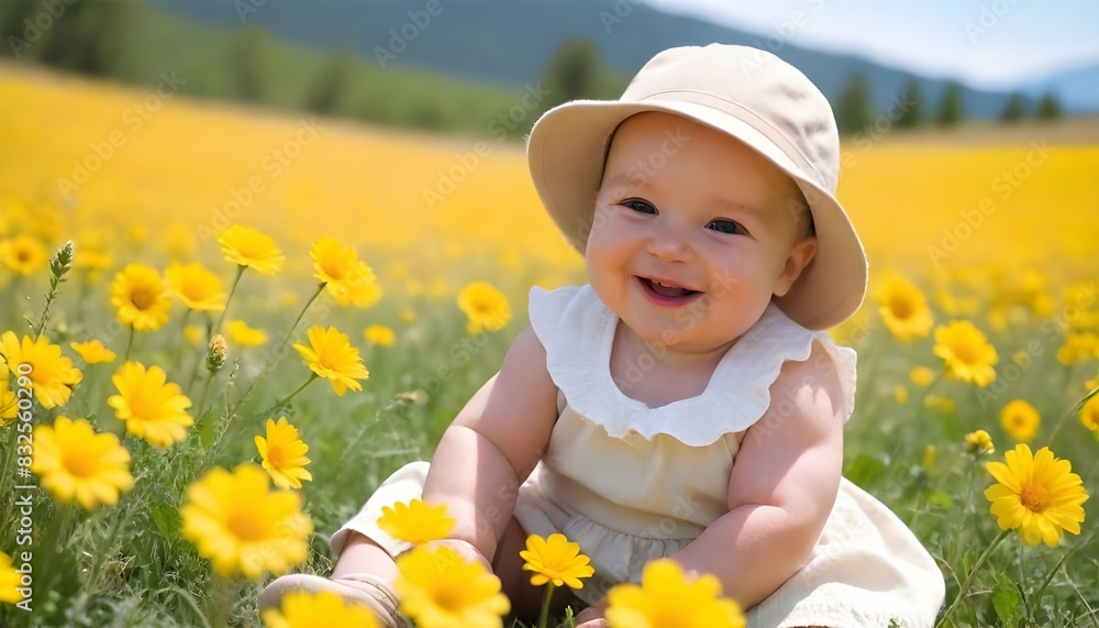 a baby in a field of yellow flowers with a hat that says baby. a baby in a field of yellow flowers with a hat that says baby.