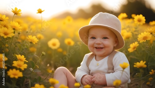 a baby in a field of yellow flowers with a hat that says baby. photo