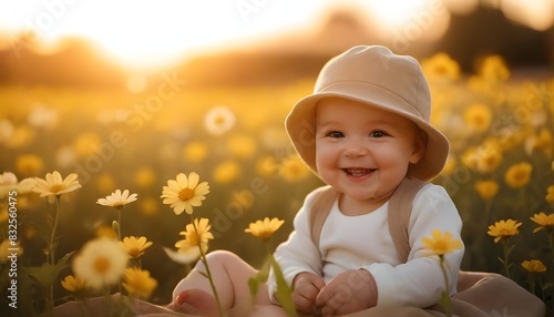 a baby in a field of yellow flowers with a hat  photo