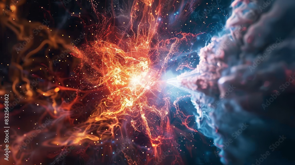 Awe-inspiring antimatter reaction in a close-up shot, capturing the intense and mesmerizing energy. Ideal for themes of scientific innovation and high-energy physics Awe-inspiring antimatter reaction in a close-up shot, capturing the intense and mesmerizing energy. Ideal for themes of scientific innovation and high-energy physics