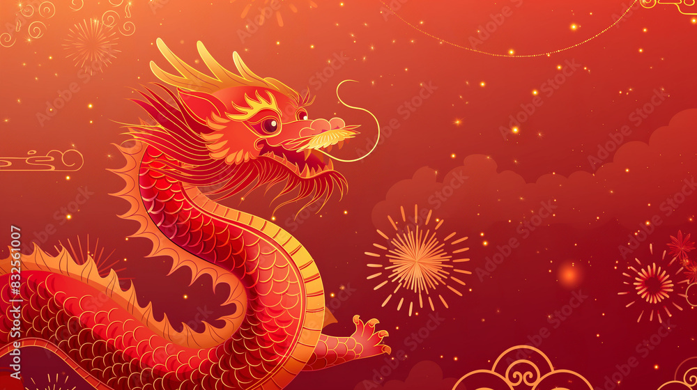 Cute Chinese dragon on a red background with fireworks in the sky, creating a traditional festival atmosphere Cute Chinese dragon on a red background with fireworks in the sky, creating a traditional festival atmosphere