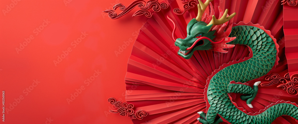 Green dragon on red paper fan, Chinese new year concept background banner with space area for text. The style depicts a dragon in the style of Chinese folk art on a red paper Green dragon on red paper fan, Chinese new year concept background banner with space area for text. The style depicts a dragon in the style of Chinese folk art on a red paper