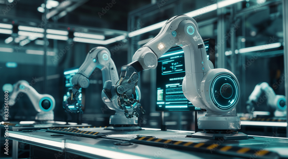 Robotic arms working on an industrial production line in a factory, showing an advanced technology and industry concept. Formation of a smart robot arm with a digital screens Robotic arms working on an industrial production line in a factory, showing an advanced technology and industry concept. Formation of a smart robot arm with a digital screens