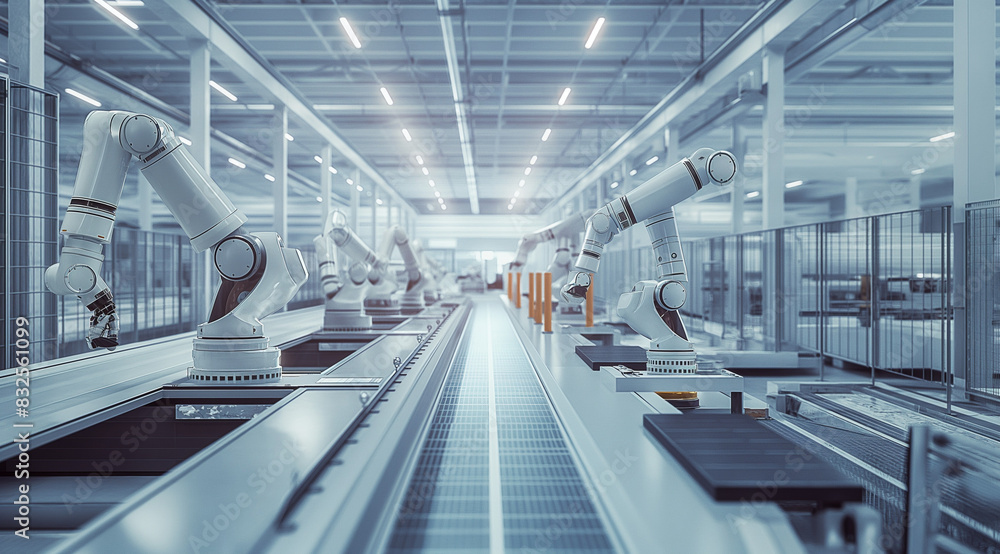 Photo of a modern factory with robotic arms Photo of a modern factory with robotic arms