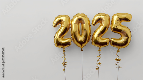 Gold number balloon, text "2025", white background, floating in the sky, front view, soft light