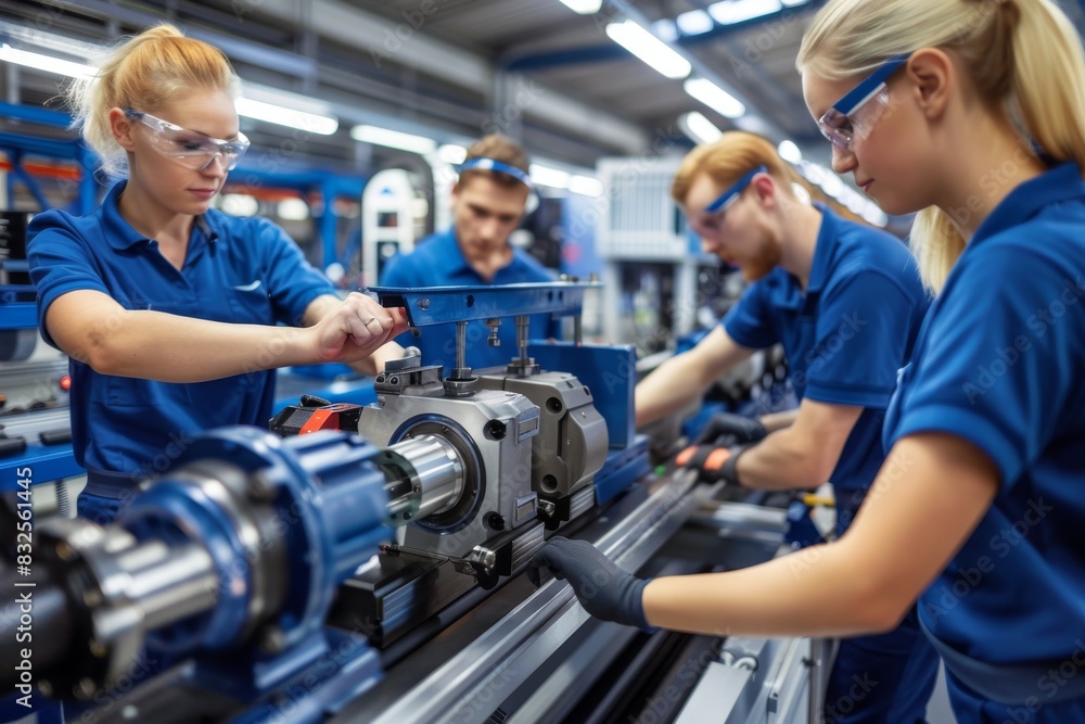 team of skilled technicians focused on assembling complex machinery in high-tech manufacturing plant team of skilled technicians focused on assembling complex machinery in high-tech manufacturing plant