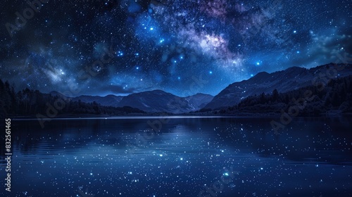 A serene night sky over a tranquil lake, with the stars reflecting on the water's surface and creating a magical scene