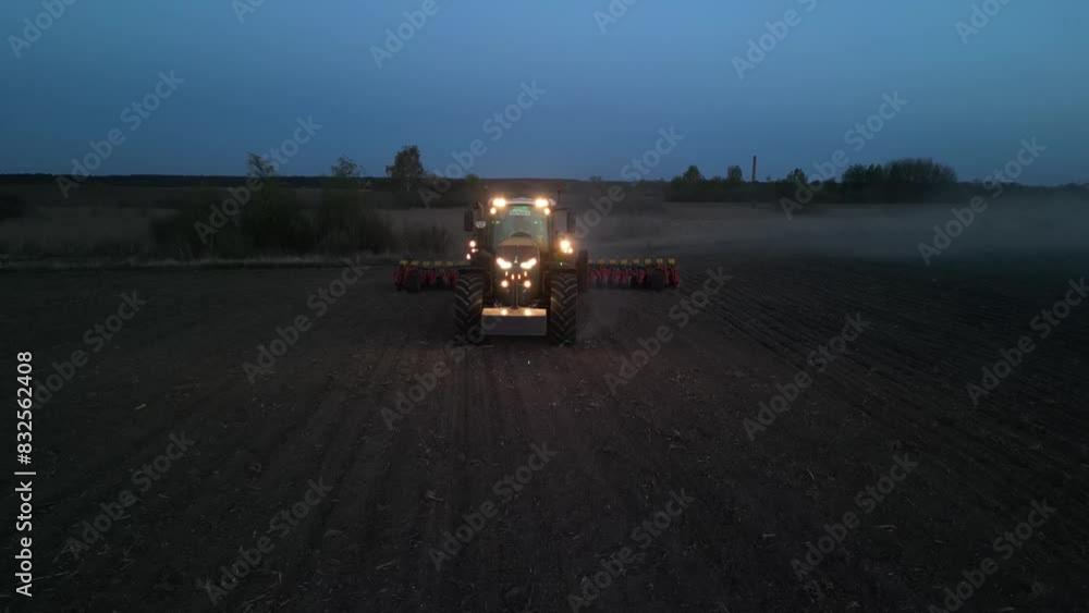 Green tractor works on the field sowing sunflower. Tractor planting corn in Ukraine Green tractor works on the field sowing sunflower. Tractor planting corn in Ukraine
