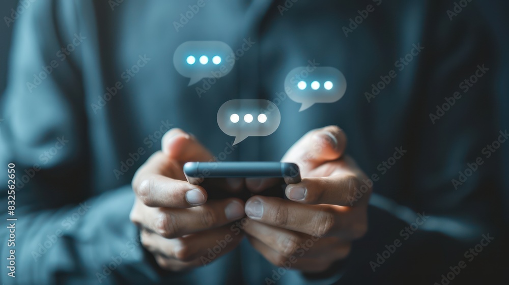 hands of a man holding a smartphone with Live Chat online communication hands of a man holding a smartphone with Live Chat online communication